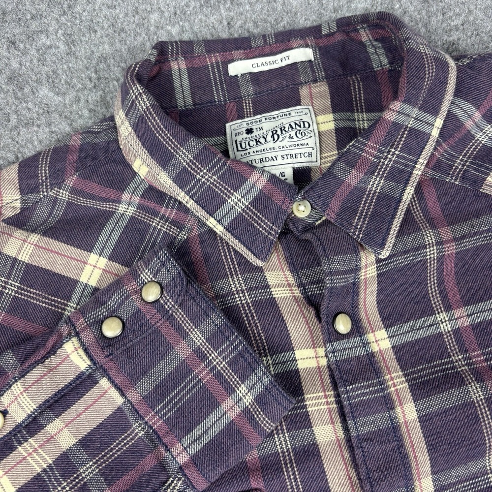 Lucky Brand Pearl Snap Shirt Mens Large Purple Button Down Saturday Stretch EUC